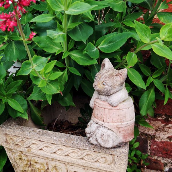 Vintage Cat in a Barrel Garden Ornament side view sat on planter in front of green leaves