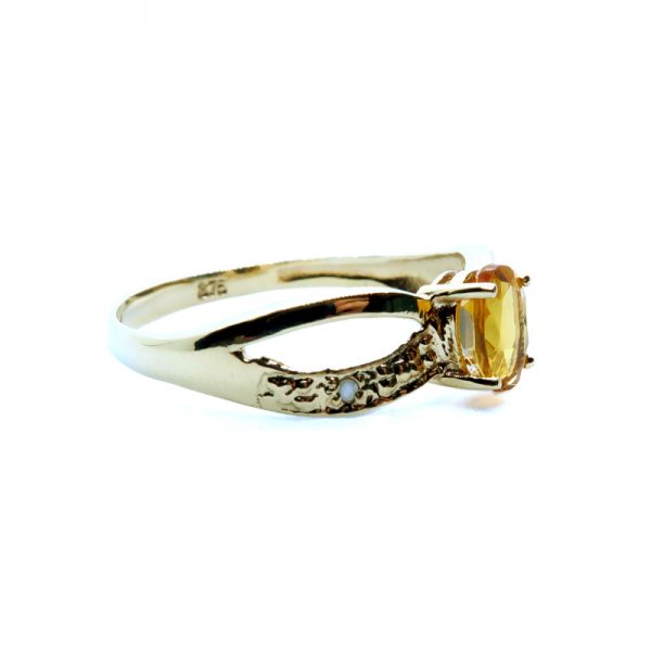 9ct Gold Citrine and Diamond Ring side view including hallmark