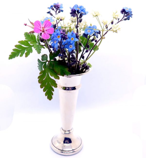 Vintage Silver bud vase with pink and blue flowers