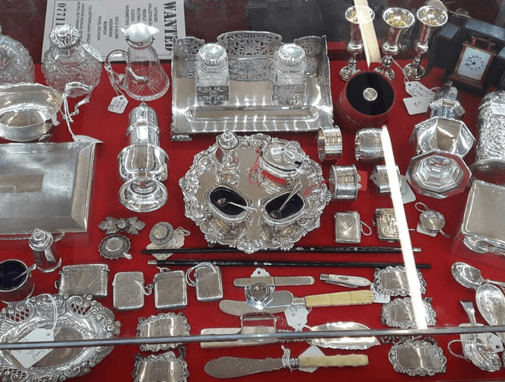 silver vespas, salt and pepper shakers and other antique silver items at flitwick antiques and collectors fair