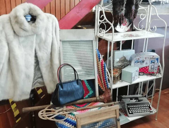 Vintage fur coat and retro typewriter at flitwick antiques and collectors fair