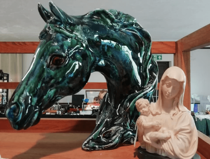 Ceramic horses head and mary and child at Woburn Antiques and collectors fair