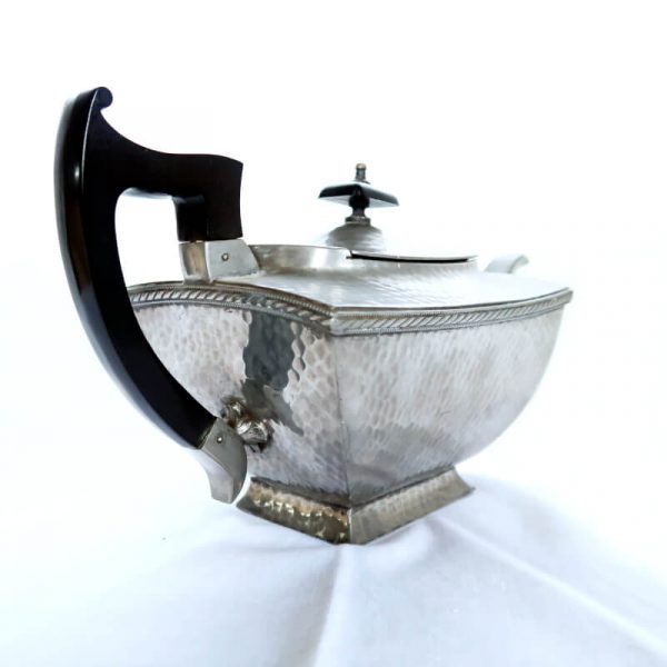 Art Deco Pewter Teapot showing decorative handle and detailing