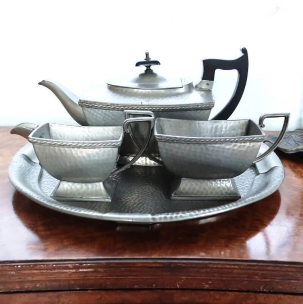 Pewter Art Deco Tea Set on wooden table